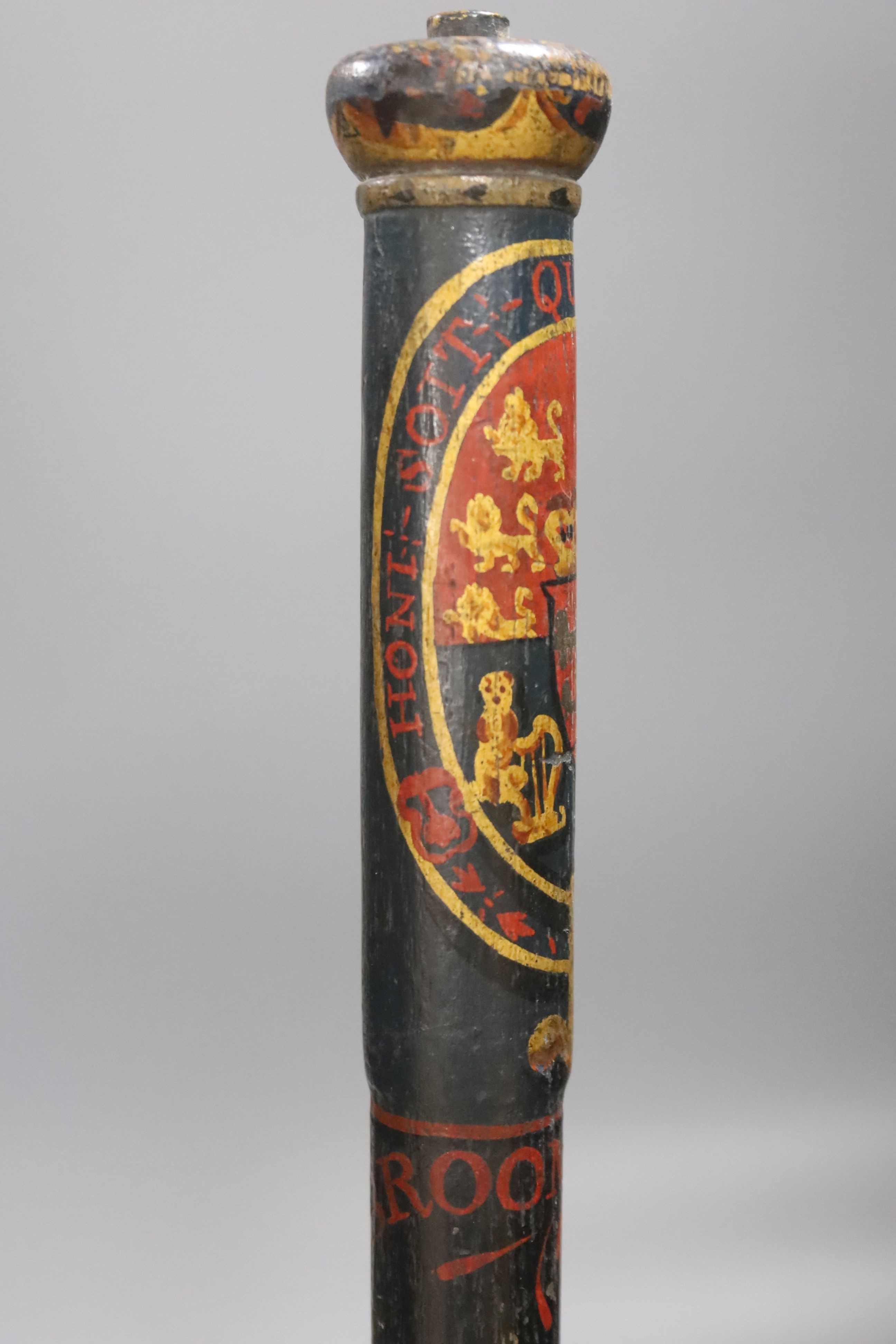 A George IV painted truncheon and a later tip staff both marked “Broomfield”, together with two other tip staffs.